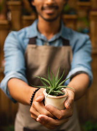 Midsection of man holding plant