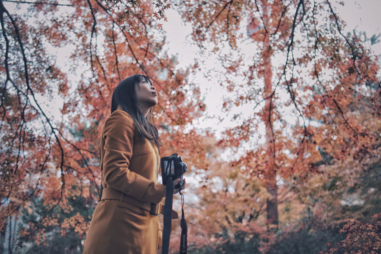 tree, one person, plant, photography themes, lifestyles, leisure activity, standing, technology, real people, camera - photographic equipment, photographing, nature, photographic equipment, activity, three quarter length, autumn, focus on foreground, casual clothing, holding, outdoors, change, warm clothing, digital camera, photographer, hairstyle