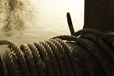 Close-up of rope tied on boat