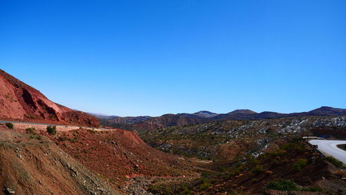 Scenic view of mountains against clear blue sky