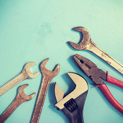 High angle view of work tools