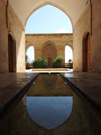 Reflection of building in swimming pool