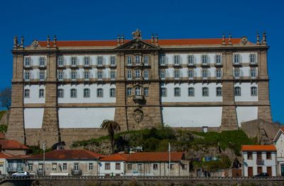 Low angle view of houses against clear blue sky