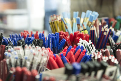 Close-up of multi colored pencils for sale