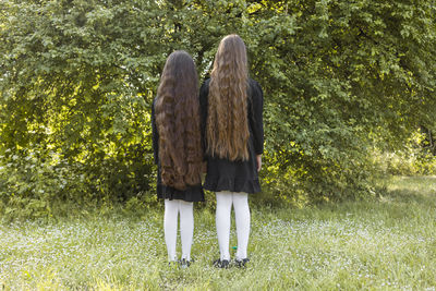 Back view of little girls with extra long curly healthy beautiful shiny hair on nature background
