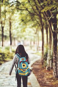 Rear view of girl walking on footpath at park