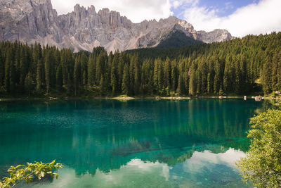 Scenic view of lake by mountains against sky