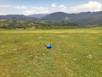 Scenic view of field and mountains against sky