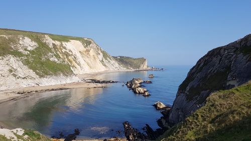 Panoramic view of sea and rocks against clear sky