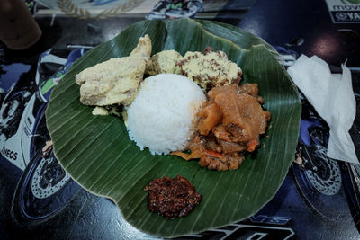 High angle view of food served on table