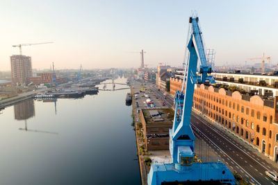 High angle view of commercial dock against sky