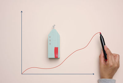 A miniature wooden house and a woman's hand draws a graph with growing indicators. the concept of in