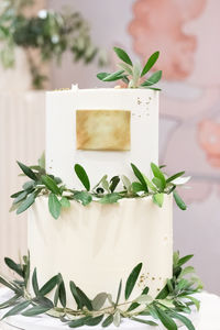 Two tiered white birthday cake decorated with flowers and green leaves.