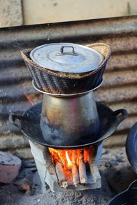 High angle view of utensil on stove