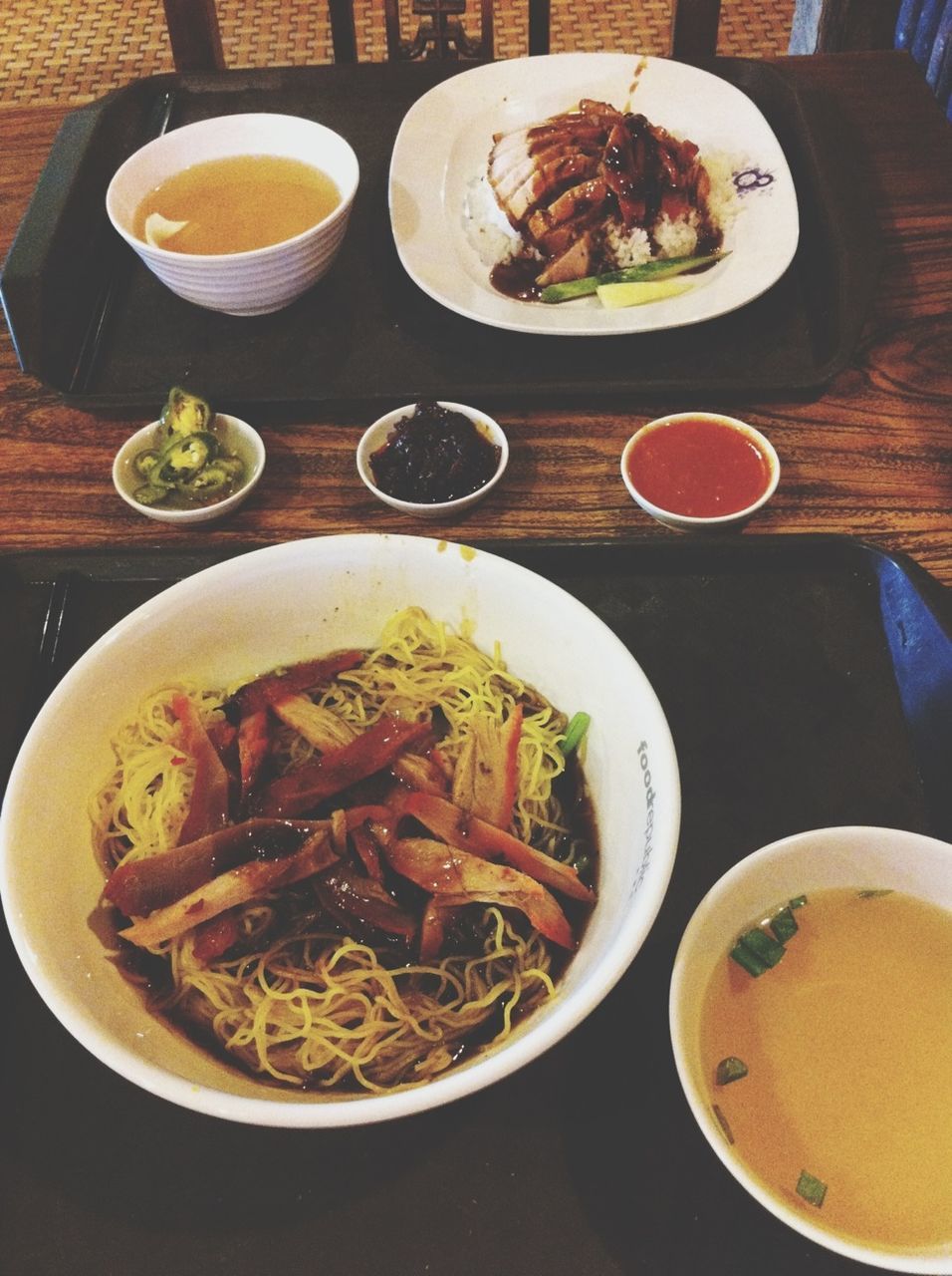 food and drink, food, freshness, table, ready-to-eat, indoors, plate, meal, healthy eating, bowl, serving size, still life, meat, high angle view, soup, noodles, served, close-up, vegetable, chopsticks