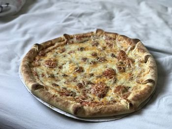 High angle view of pizza on table