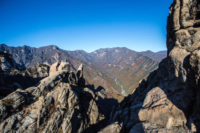 Scenic view of mountains against clear blue sky