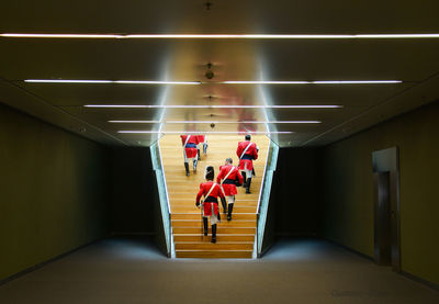 Rear view of grenadiers on staircase in government building