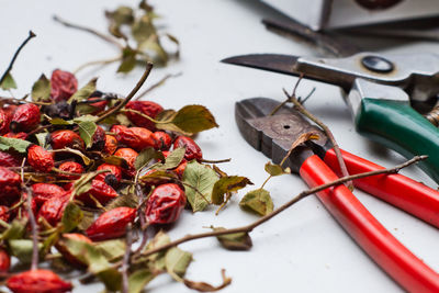 Close-up of red chili peppers on table