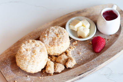 High angle view of breakfast on table