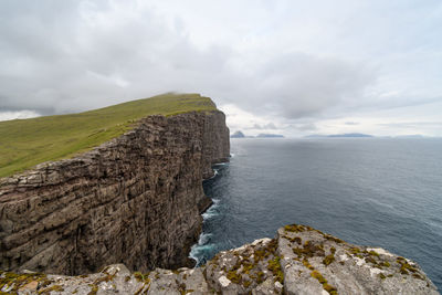 Scenic view of rocks by sea against sky