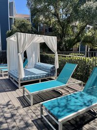 Empty chairs by swimming pool against trees