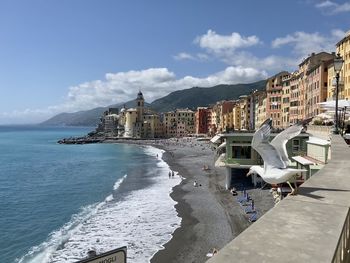 View of buildings by sea against cloudy sky