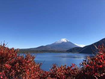 Scenic view of lake and mt. fuji against blue sky