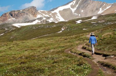 Rear view of man standing on mountain