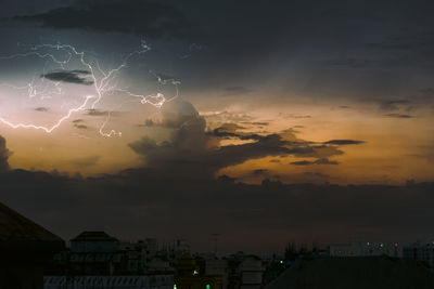 High angle view of buildings against sky during sunset