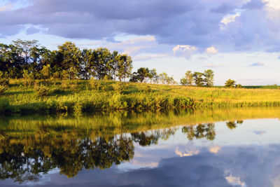 Reflection of trees in lake against sky