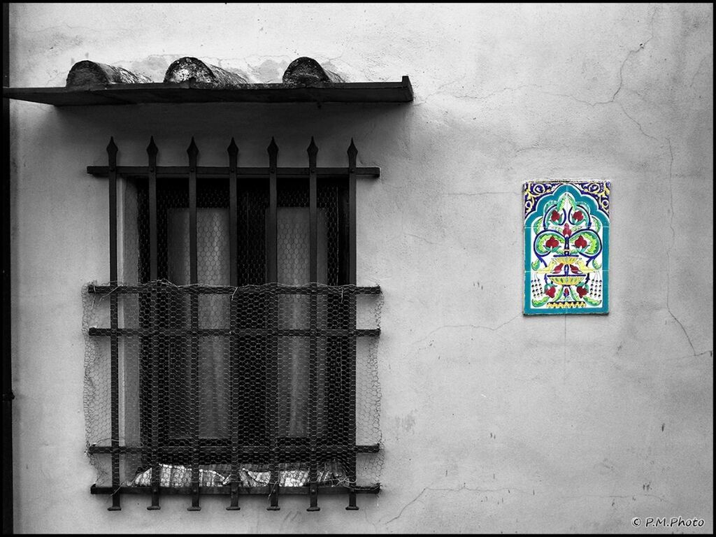 built structure, architecture, building exterior, closed, window, transfer print, wall - building feature, door, wall, house, old, auto post production filter, wood - material, entrance, safety, day, no people, metal, blue, protection