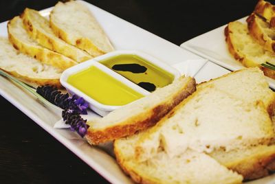 Close-up of served food on table