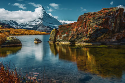 Matterhorn reflection in the lake stellisee, switzerland.