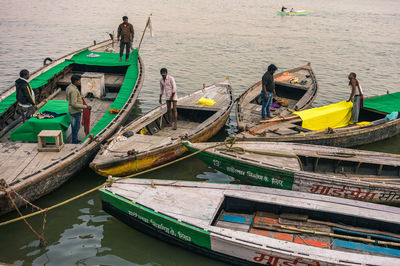 High angle view of boats moored in sea