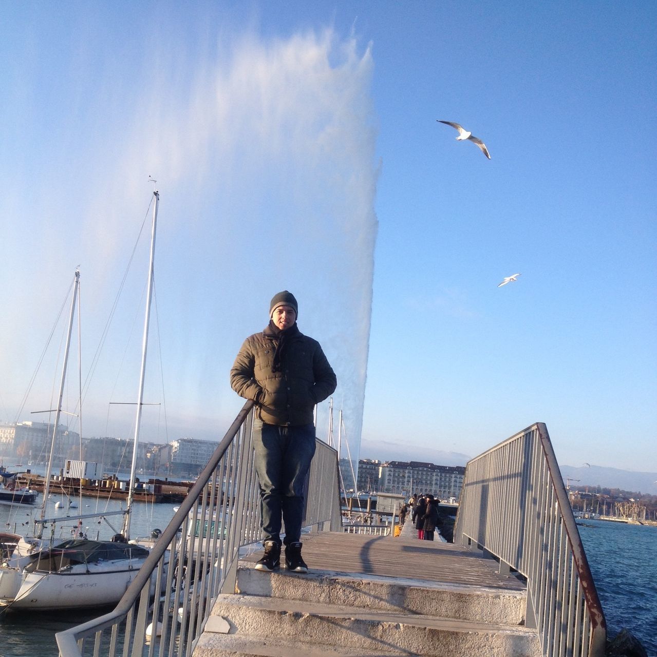 bird, sea, water, lifestyles, leisure activity, animals in the wild, seagull, animal themes, full length, sky, flying, wildlife, clear sky, young adult, casual clothing, blue, standing, day