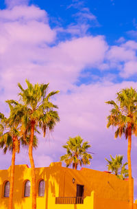 Fashion tropical minimal location. yellow hotel, palm. summer blue sky. canary islands. travel