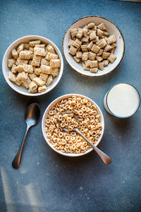 High angle view of food in bowls on table