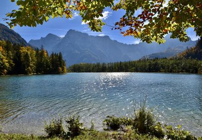 Scenic view of lake and mountains against sky