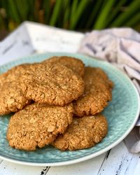 High angle view of cookies in plate