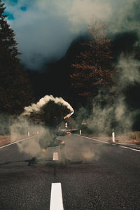 Full length of man holding distress flare standing on road against trees