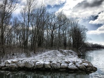 Bare trees on snow covered landscape against sky