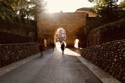 Rear view of people walking on wall in city