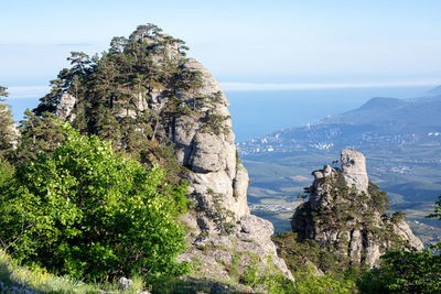 Rock formation by tree against sky