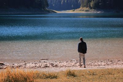Rear view of man standing on beach