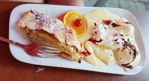 High angle view of breakfast served on table