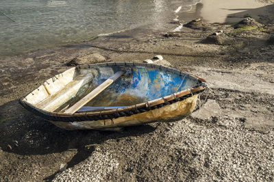 High angle view of boat on wet street