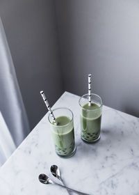 High angle view of bubble tea on table at home