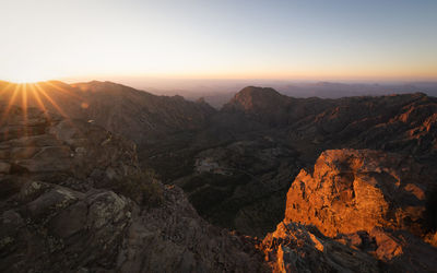 Scenic view of mountains against sky during sunset