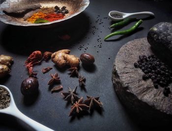 High angle view of fruits in bowl on table